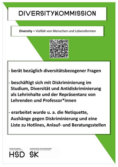 Dies ist ein Plakat zu den Mitgliedern und Aufgaben der Diversitykommission des Fachbereichs Sozial- und Kulturwissenschaften